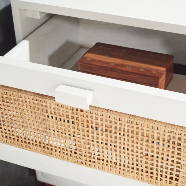 Safavieh Erica Coastal-Inspired Two-Drawer Nightstand With Elegant Rattan Details And Modern Black Legs White/Natural NST4006B