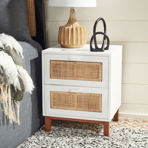 Safavieh Erica Coastal-Inspired Two-Drawer Nightstand With Elegant Rattan Details And Modern Black Legs White/Natural NST4006B