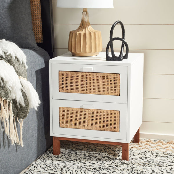 Safavieh Erica Coastal-Inspired Two-Drawer Nightstand With Elegant Rattan Details And Modern Black Legs White/Natural NST4006B