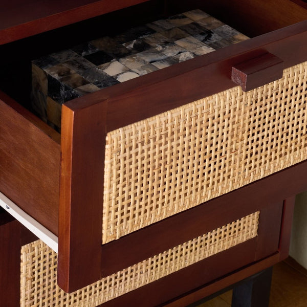 Safavieh Erica Coastal-Inspired Two-Drawer Nightstand With Elegant Rattan Details And Modern Black Legs Dark Natural / Natural NST4006D