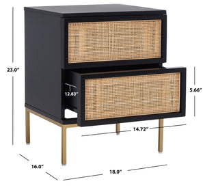 Safavieh Zadie Coastal Chic 2-Drawer Nightstand With Rattan Fronts For Stylish Bedroom Storage Solutions Black With Natural Rattan / Gold Legs NST5007A