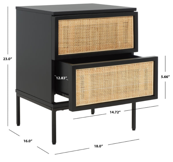 Safavieh Zadie Coastal Chic 2-Drawer Nightstand With Rattan Fronts For Stylish Bedroom Storage Solutions Black With Natural Rattan / Black Legs NST5007D