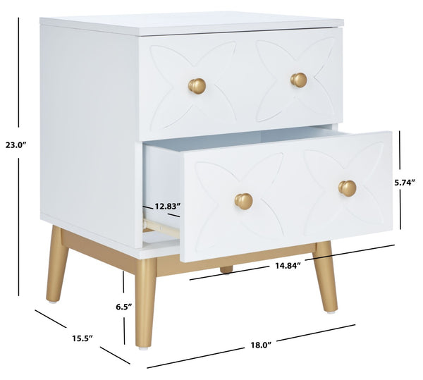Safavieh Ottoline Glamorous Two-Drawer Nightstand With Floral Carvings & Gold Accents For Chic Bedrooms NST5008A