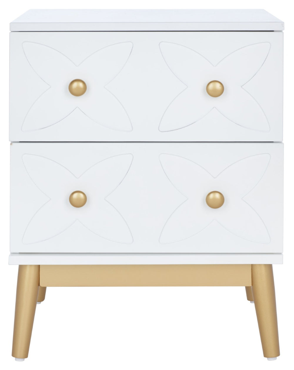 Safavieh Ottoline Glamorous Two-Drawer Nightstand With Floral Carvings & Gold Accents For Chic Bedrooms NST5008A