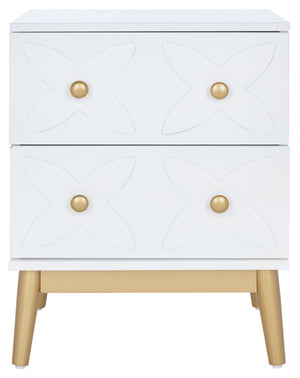 Safavieh Ottoline Glamorous Two-Drawer Nightstand With Floral Carvings & Gold Accents For Chic Bedrooms NST5008A