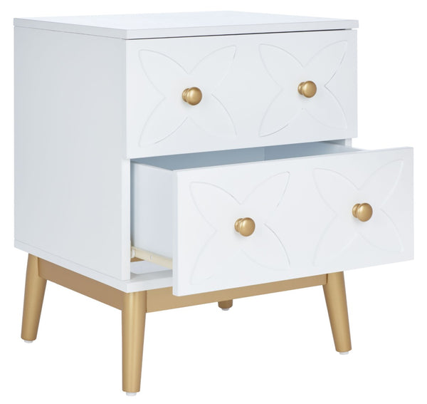 Safavieh Ottoline Glamorous Two-Drawer Nightstand With Floral Carvings & Gold Accents For Chic Bedrooms NST5008A