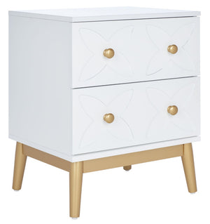 Safavieh Ottoline Glamorous Two-Drawer Nightstand With Floral Carvings & Gold Accents For Chic Bedrooms NST5008A