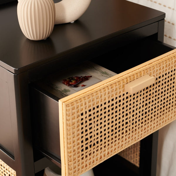 Safavieh Miya Nightstand With Rattan Detailing: Modern Storage Solutions For A Stylish Bedroom Retreat Black / Natural NST5012B