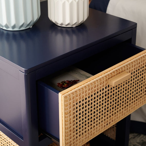 Safavieh Miya Nightstand With Rattan Detailing: Modern Storage Solutions For A Stylish Bedroom Retreat Navy / Natural NST5012E