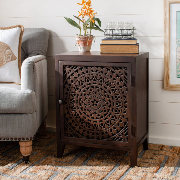Safavieh Thea Exquisitely Carved Nightstand - Artisan Design With Single-Door Storage For Elegant Bedrooms Brown NST5300A
