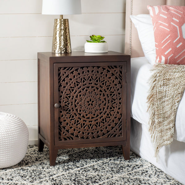 Safavieh Thea Exquisitely Carved Nightstand - Artisan Design With Single-Door Storage For Elegant Bedrooms Brown NST5300A