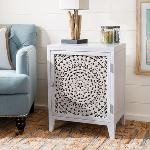 Safavieh Thea Exquisitely Carved Nightstand - Artisan Design With Single-Door Storage For Elegant Bedrooms White Washed NST5300C