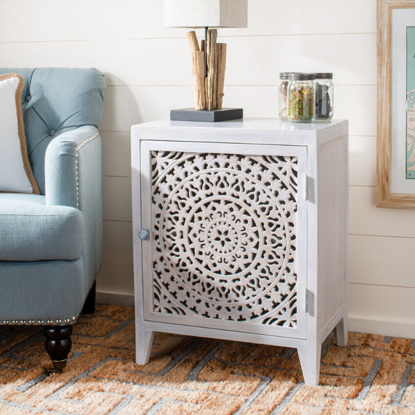 Safavieh Thea Exquisitely Carved Nightstand - Artisan Design With Single-Door Storage For Elegant Bedrooms White Washed NST5300C