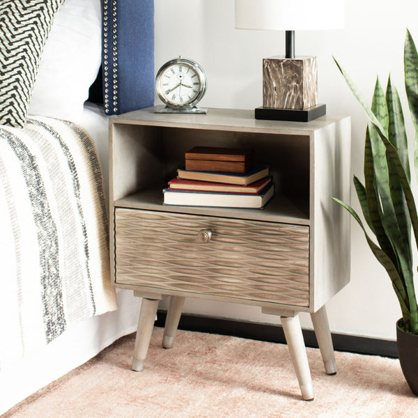 Safavieh Brandy Textured Nightstand - Mid-Century Modern Design With Rich Grey Walnut Finish & Compact Storage NST5301A