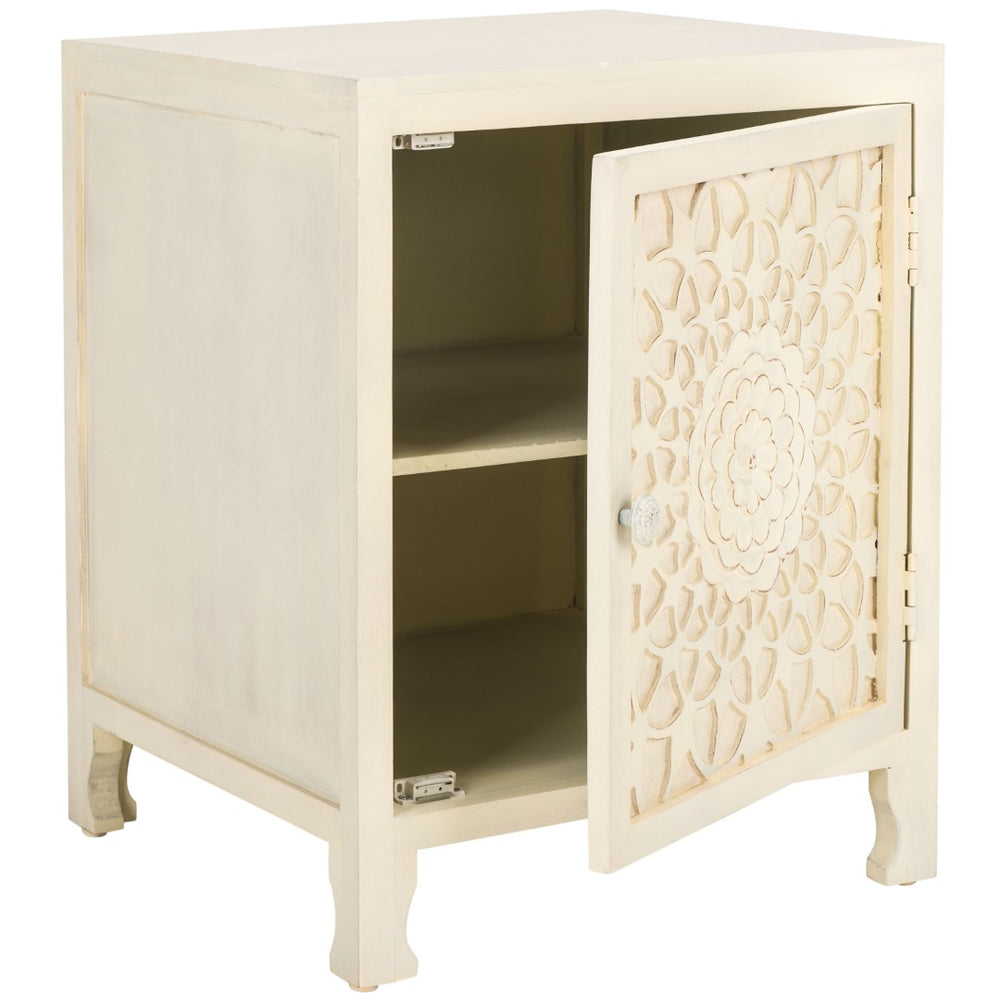 Safavieh Rayetta Vintage-Style Nightstand With Carved Mango Wood, 2 Shelves, And Elegant White Wash Finish NST5304A