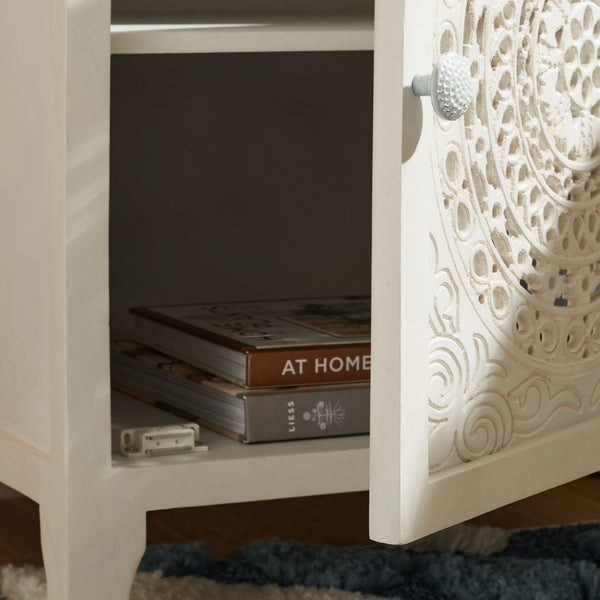 Safavieh Regius Rustic White Wash Nightstand With 2 Shelves & Intricate Mango Wood Design For Stylish Storage NST5305A