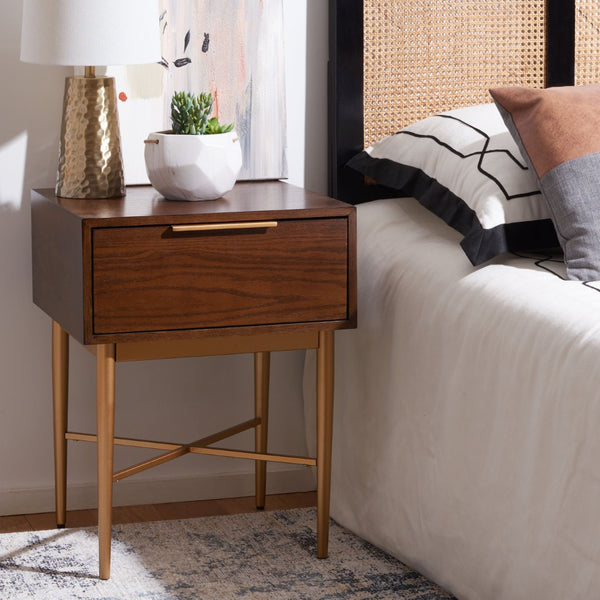 Safavieh Pierre One-Drawer Nightstand - Elegant Walnut & Gold Accent Table For Modern & Transitional Spaces NST6400A