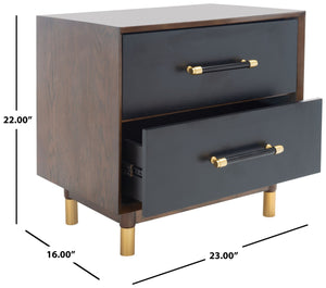 Safavieh Justice 2 Drawer Nightstand - Modern Design With Brass Accents, Perfect For Stylish Bedroom Storage Walnut / Black NST6402A