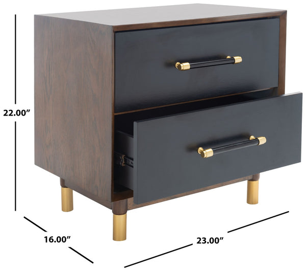 Safavieh Justice 2 Drawer Nightstand - Modern Design With Brass Accents, Perfect For Stylish Bedroom Storage Walnut / Black NST6402A