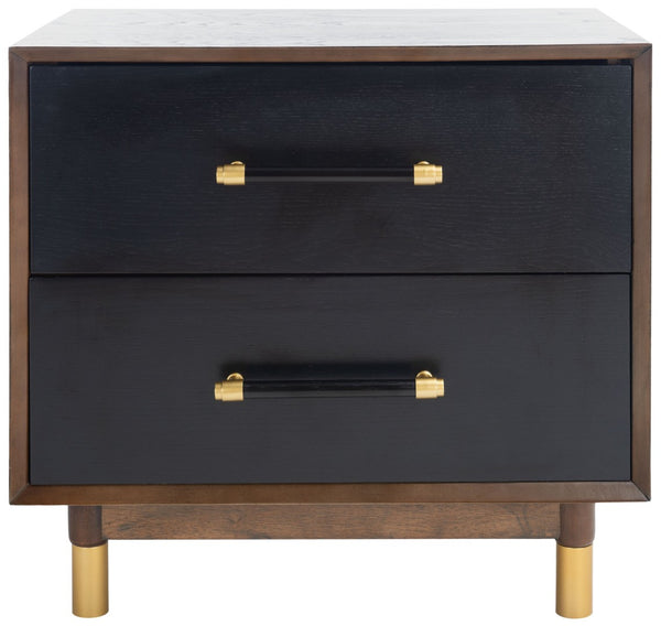 Safavieh Justice 2 Drawer Nightstand - Modern Design With Brass Accents, Perfect For Stylish Bedroom Storage Walnut / Black NST6402A