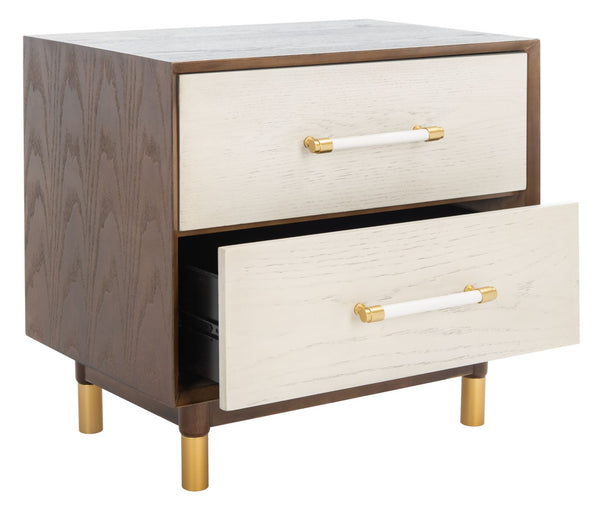 Safavieh Justice 2 Drawer Nightstand - Modern Design With Brass Accents, Perfect For Stylish Bedroom Storage Walnut / White Washed NST6402B
