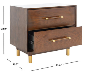 Safavieh Justice 2 Drawer Nightstand - Modern Design With Brass Accents, Perfect For Stylish Bedroom Storage Walnut NST6402C