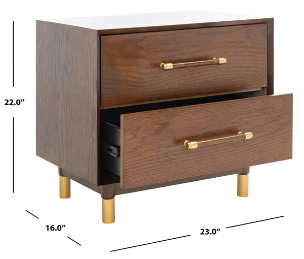 Safavieh Justice 2 Drawer Nightstand - Modern Design With Brass Accents, Perfect For Stylish Bedroom Storage Walnut NST6402C