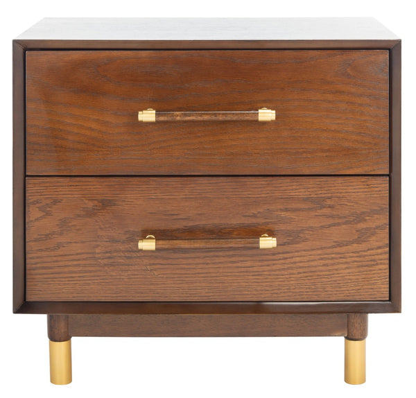 Safavieh Justice 2 Drawer Nightstand - Modern Design With Brass Accents, Perfect For Stylish Bedroom Storage Walnut NST6402C