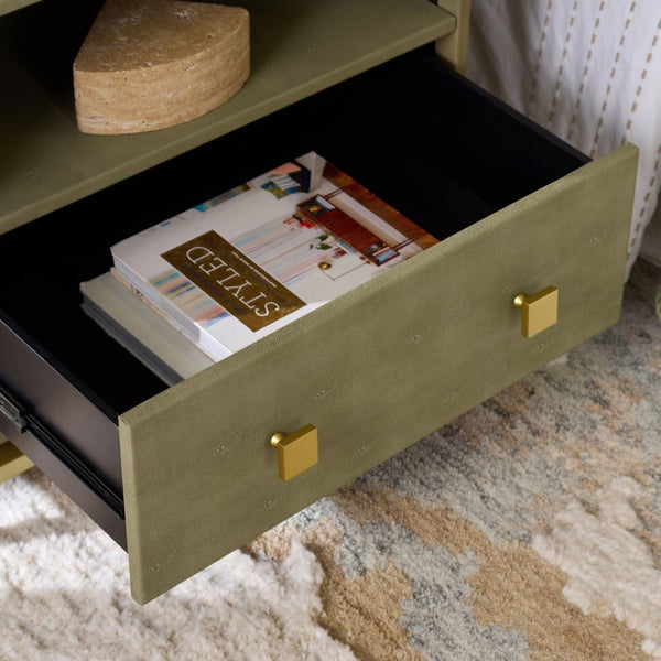 Safavieh Meilana Modern Art Deco Nightstand With Drawer & Shelf - Light Taupe Finish & Brass Accents NST6403A