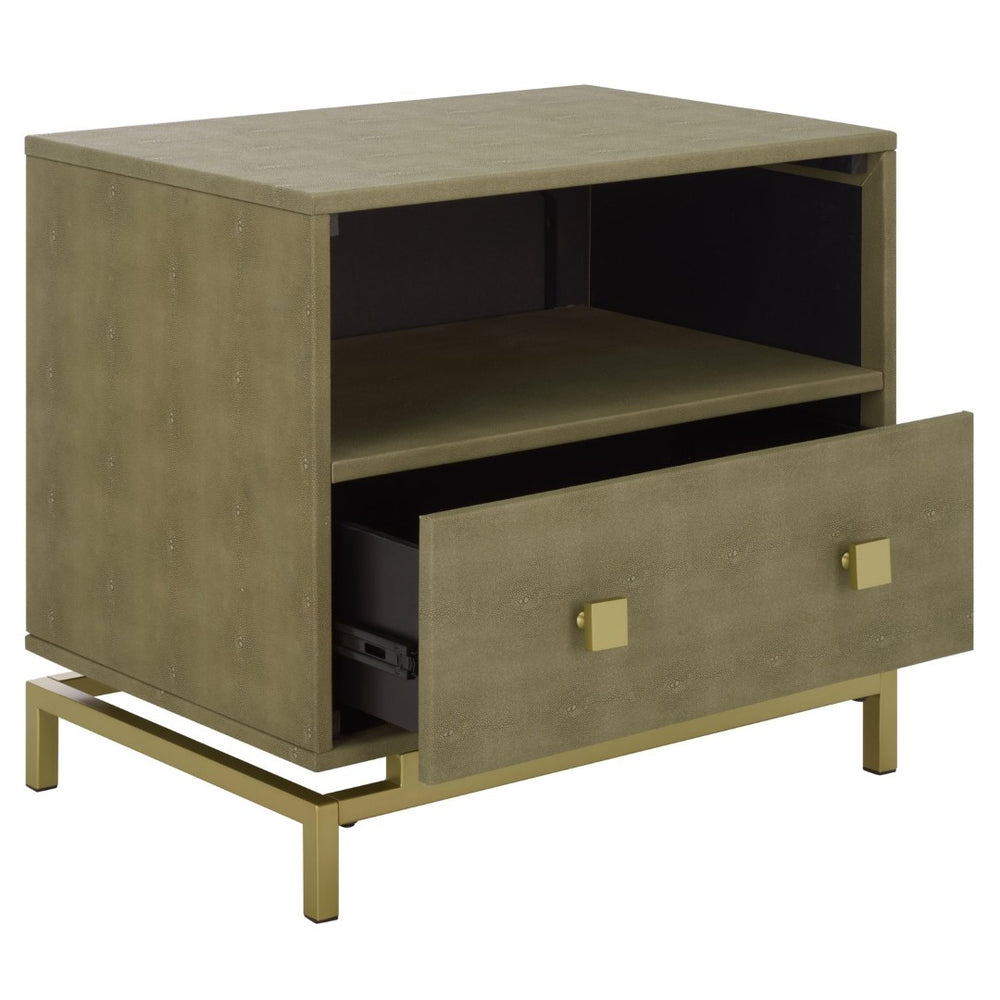 Safavieh Meilana Modern Art Deco Nightstand With Drawer & Shelf - Light Taupe Finish & Brass Accents NST6403A