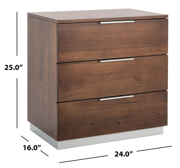 Safavieh Brylin 3-Drawer Nightstand - Rustic Walnut Elegance With Chrome Pulls For Modern Bedroom Style NST6404A