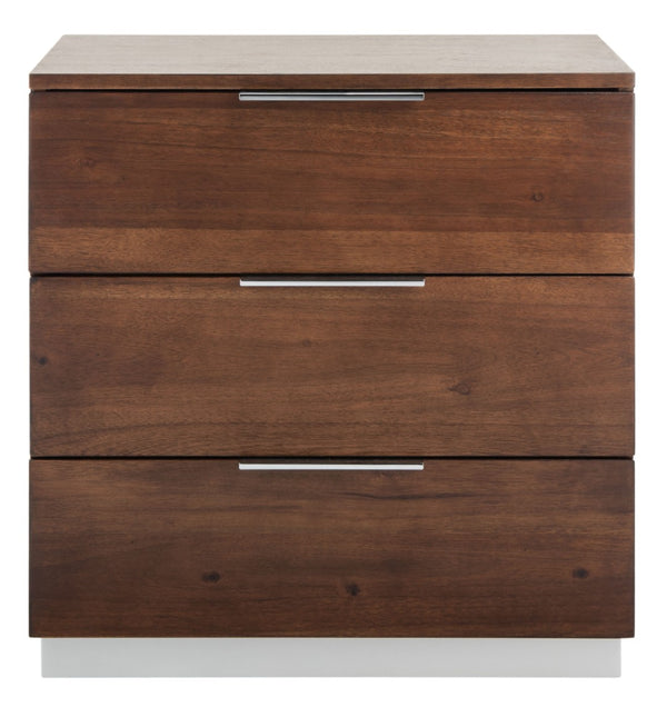 Safavieh Brylin 3-Drawer Nightstand - Rustic Walnut Elegance With Chrome Pulls For Modern Bedroom Style NST6404A