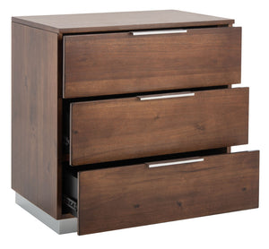 Safavieh Brylin 3-Drawer Nightstand - Rustic Walnut Elegance With Chrome Pulls For Modern Bedroom Style NST6404A