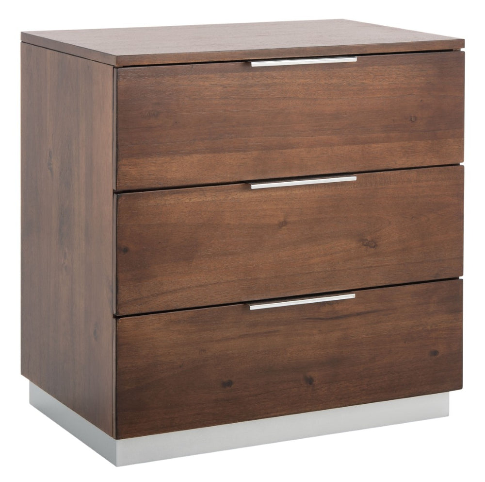 Safavieh Brylin 3-Drawer Nightstand - Rustic Walnut Elegance With Chrome Pulls For Modern Bedroom Style NST6404A