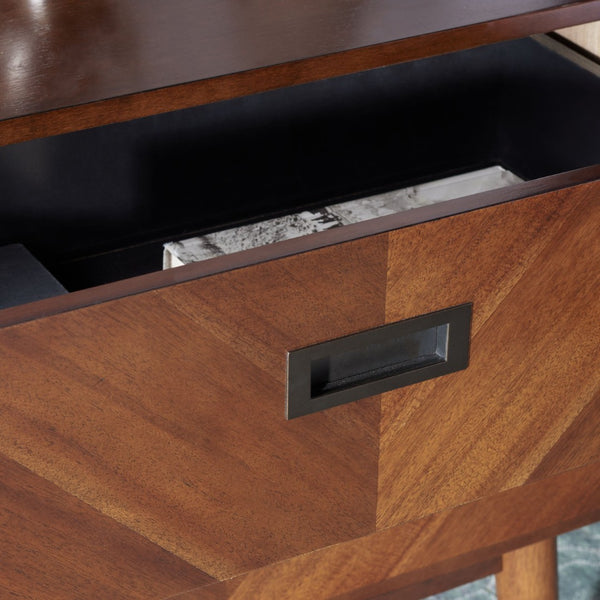 Safavieh Donald Mid-Century 2 Drawer Nightstand With Herringbone Design For Stylish Bedroom Organization Dark Walnut Finish NST6405A