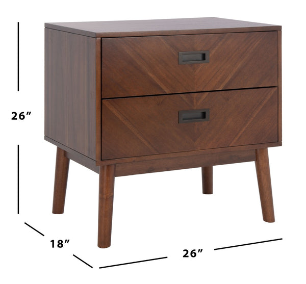 Safavieh Donald Mid-Century 2 Drawer Nightstand With Herringbone Design For Stylish Bedroom Organization Dark Walnut Finish NST6405A