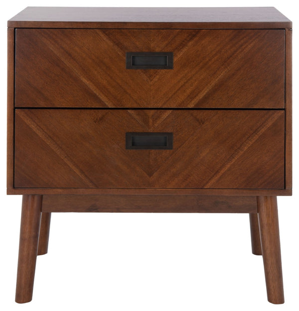 Safavieh Donald Mid-Century 2 Drawer Nightstand With Herringbone Design For Stylish Bedroom Organization Dark Walnut Finish NST6405A