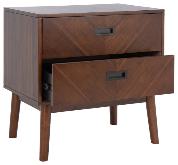 Safavieh Donald Mid-Century 2 Drawer Nightstand With Herringbone Design For Stylish Bedroom Organization Dark Walnut Finish NST6405A