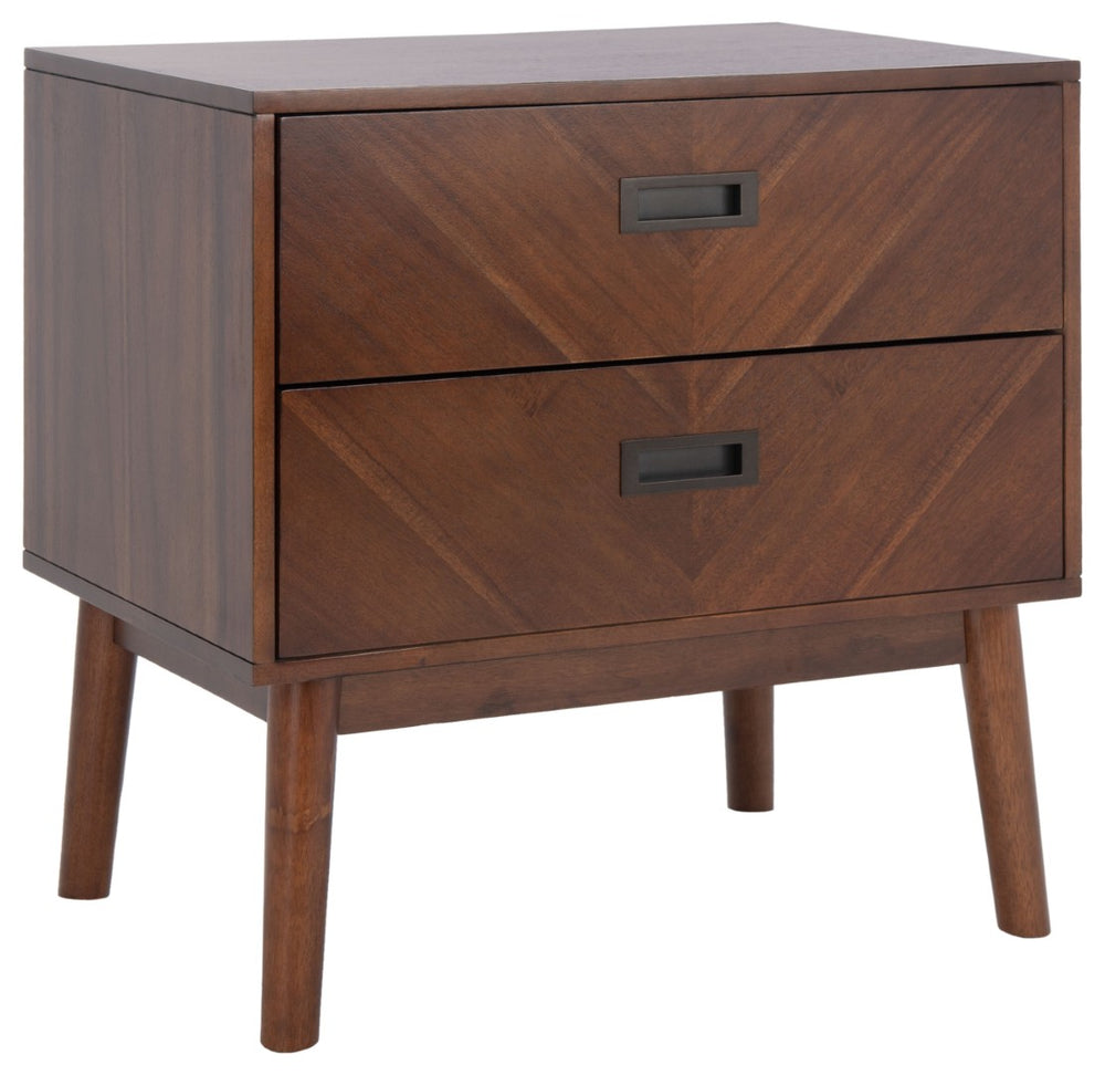 Safavieh Donald Mid-Century 2 Drawer Nightstand With Herringbone Design For Stylish Bedroom Organization Dark Walnut Finish NST6405A