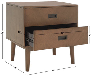 Safavieh Donald Mid-Century 2 Drawer Nightstand With Herringbone Design For Stylish Bedroom Organization Wheat / Bronze NST6405B