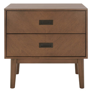 Safavieh Donald Mid-Century 2 Drawer Nightstand With Herringbone Design For Stylish Bedroom Organization Wheat / Bronze NST6405B