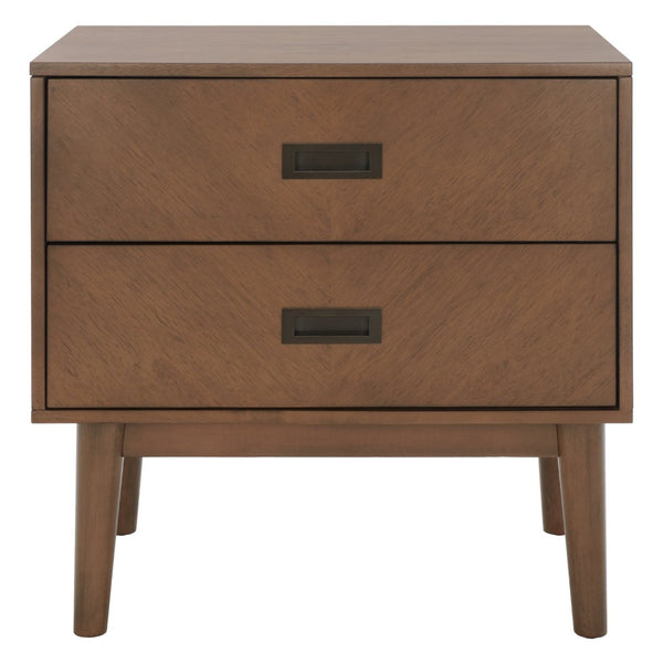 Safavieh Donald Mid-Century 2 Drawer Nightstand With Herringbone Design For Stylish Bedroom Organization Wheat / Bronze NST6405B