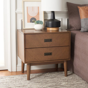 Safavieh Donald Mid-Century 2 Drawer Nightstand With Herringbone Design For Stylish Bedroom Organization Wheat / Bronze NST6405B