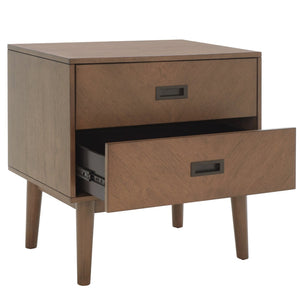 Safavieh Donald Mid-Century 2 Drawer Nightstand With Herringbone Design For Stylish Bedroom Organization Wheat / Bronze NST6405B