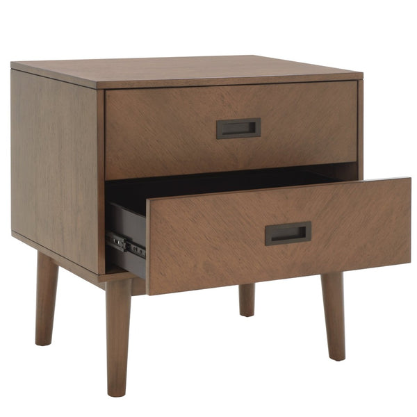 Safavieh Donald Mid-Century 2 Drawer Nightstand With Herringbone Design For Stylish Bedroom Organization Wheat / Bronze NST6405B