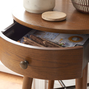 Safavieh Scully Mid-Century Nightstand With Elegant Splayed Legs And Slim Drawer For Stylish Storage Solutions Medium Oak / Gold Knobs & Cross Bar NST6406C