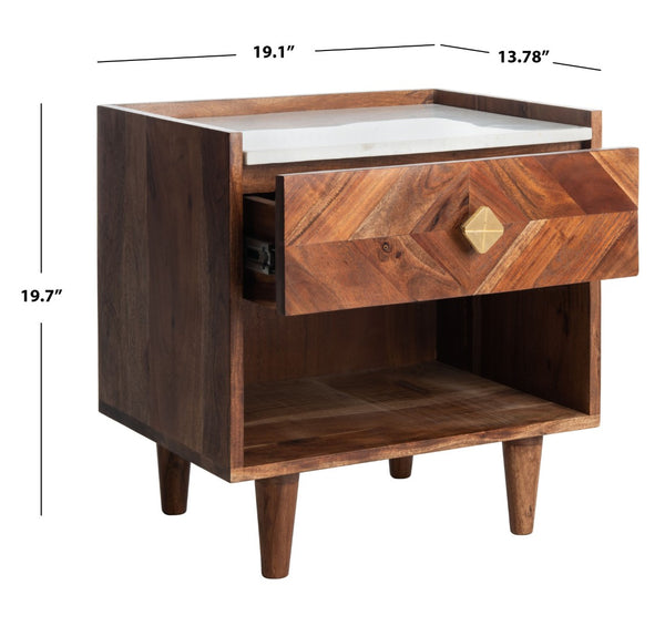 Safavieh Tahseen Parquet Nightstand - Luxurious Acacia Wood Design With Faux Marble Top And Gold Accents Natural NST9004A