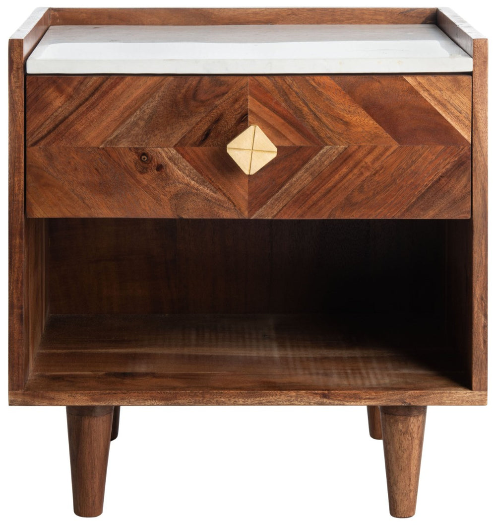 Safavieh Tahseen Parquet Nightstand - Luxurious Acacia Wood Design With Faux Marble Top And Gold Accents Natural NST9004A