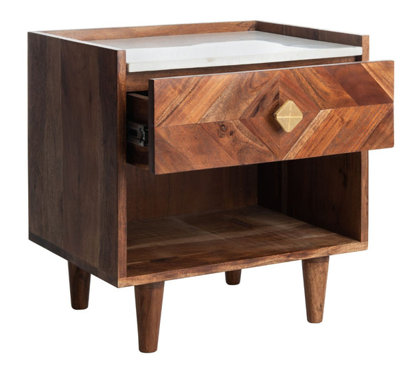 Safavieh Tahseen Parquet Nightstand - Luxurious Acacia Wood Design With Faux Marble Top And Gold Accents Natural NST9004A