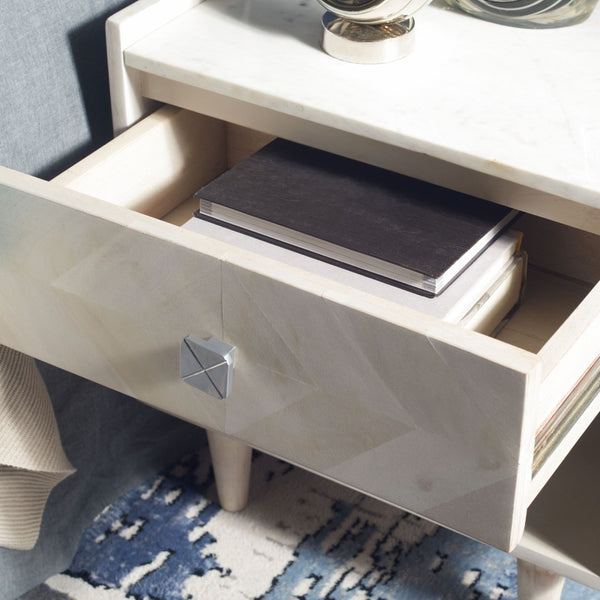 Safavieh Tahseen Parquet Nightstand - Luxurious Acacia Wood Design With Faux Marble Top And Gold Accents White Wash/Silver NST9004B